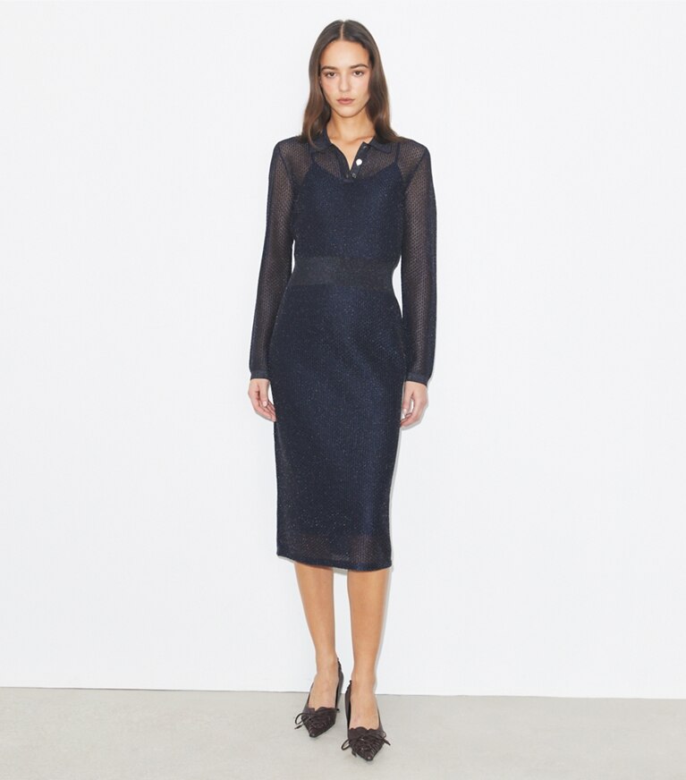 Tory Burch designer kleider Polokleid in Metallic-Optik in Black / Blue Shimmer front