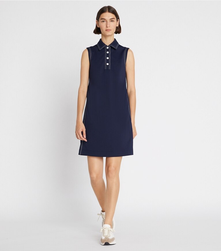 Tory Sport designer kleider Polokleid mit kontrastierenden Nähten in Tory Navy front