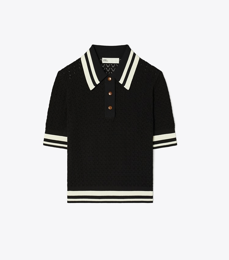 Tory Sport designer strickware Poloshirt aus Baumwolle mit Pointelle-Muster in Black / New Ivory front