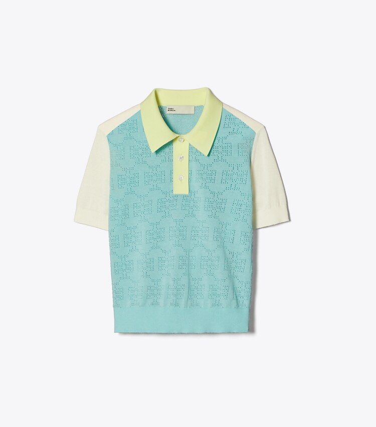 Tory Sport designer strickware Poloshirt aus Baumwolle mit Pointelle-Muster und Logo in Pastel Sky / NEW IVORY front