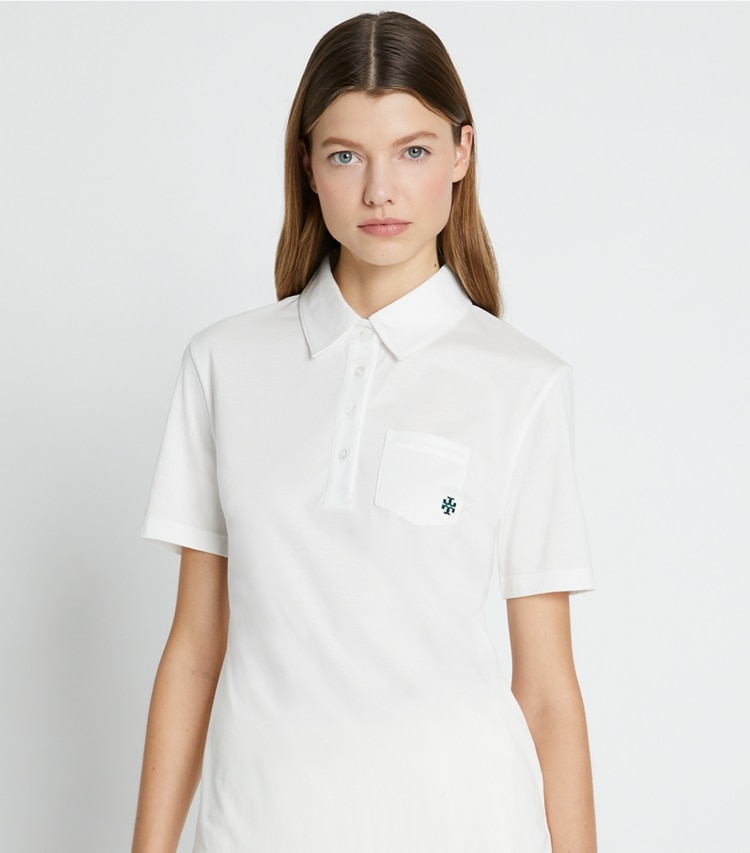 Tory Sport designer oberteile Poloshirt aus merzerisierter Baumwolle in Snow White on model detail