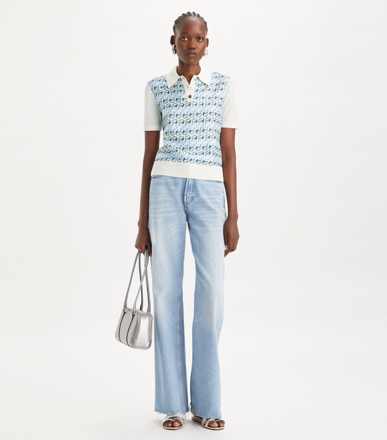 Tory Burch designer strickware Poloshirt mit Vorderseite aus Seide in New Ivory / Glass Swan Allover front