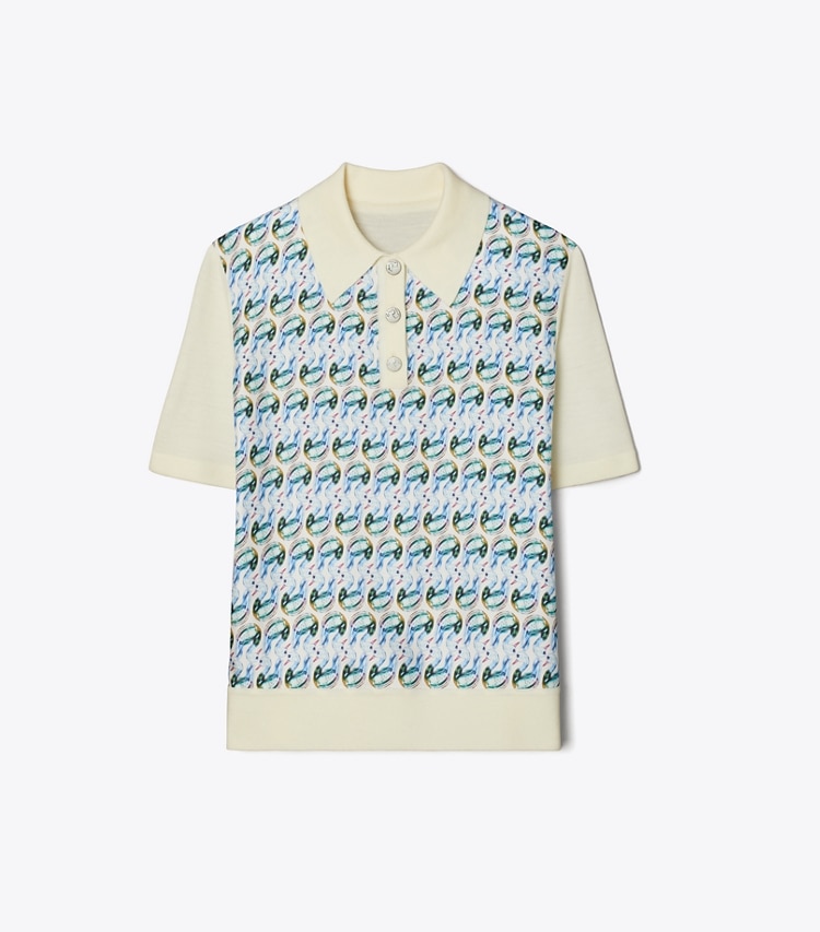 Tory Burch designer strickware Poloshirt mit Vorderseite aus Seide in New Ivory / Glass Swan Allover front