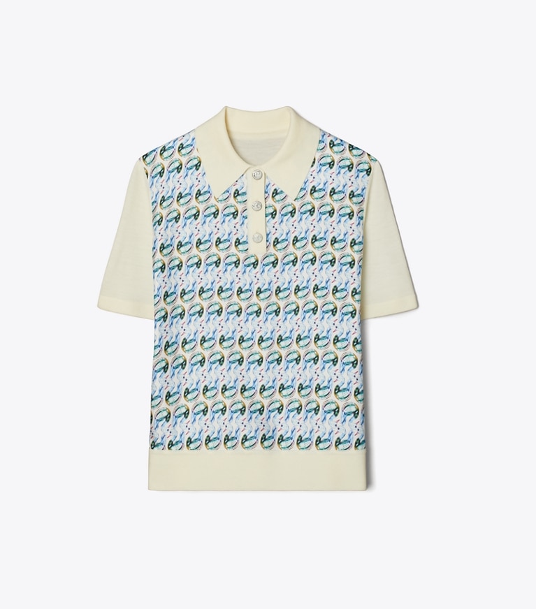 Tory Burch designer strickware Poloshirt mit Vorderseite aus Seide in New Ivory / Glass Swan Allover front