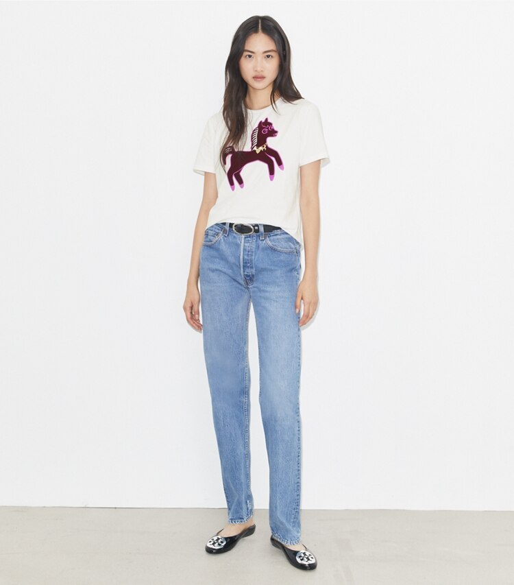 Tory Burch designer tops Pony Cotton T-Shirt in White / Dark Carmine on model front