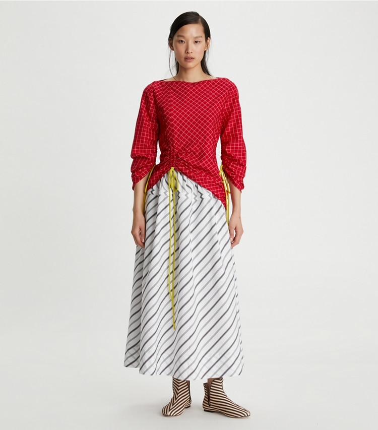 Tory Burch designer unterteile Popelinerock mit unterschiedlichen Streifen in Black / White modell von vorn