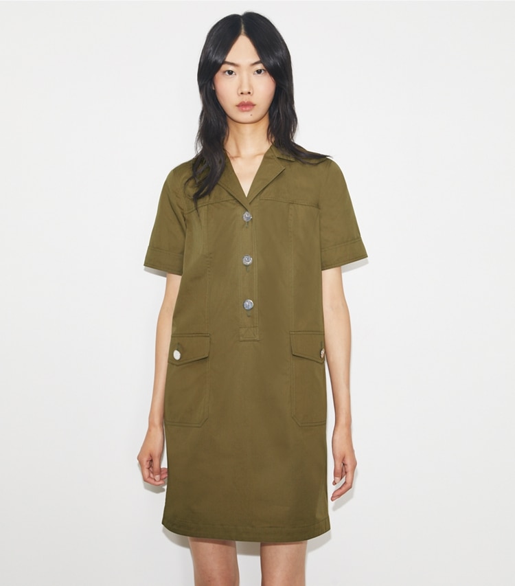 Tory Burch designer dresses Poplin Camp Dress in Rich Earth on model detail