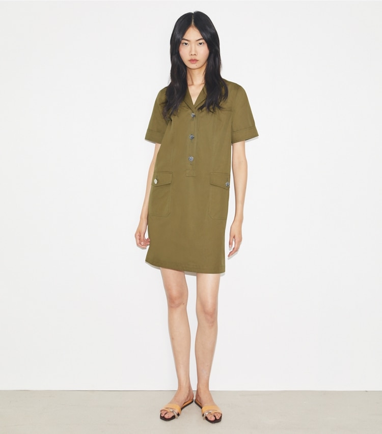 Tory Burch designer dresses Poplin Camp Dress in Rich Earth on model front