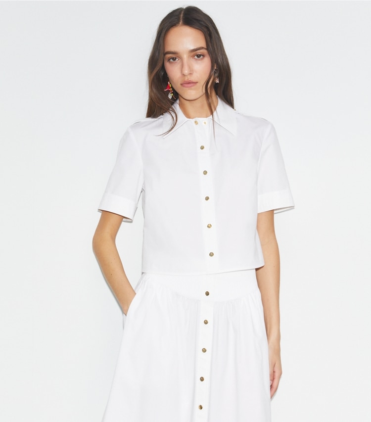 Tory Burch designer トップス ポプリン キャンプシャツ in White on model detail