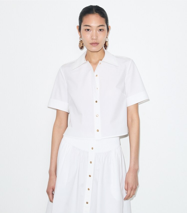 Tory Burch designer tops Poplin Camp Shirt in White on model detail