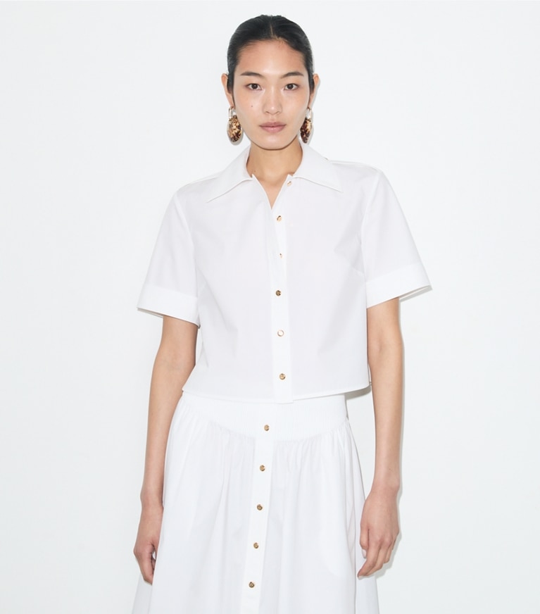 Tory Burch designer tops Poplin Camp Shirt in White on model detail