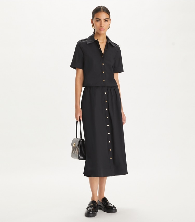 Tory Burch designer tops Poplin Camp Shirt in Black on model front