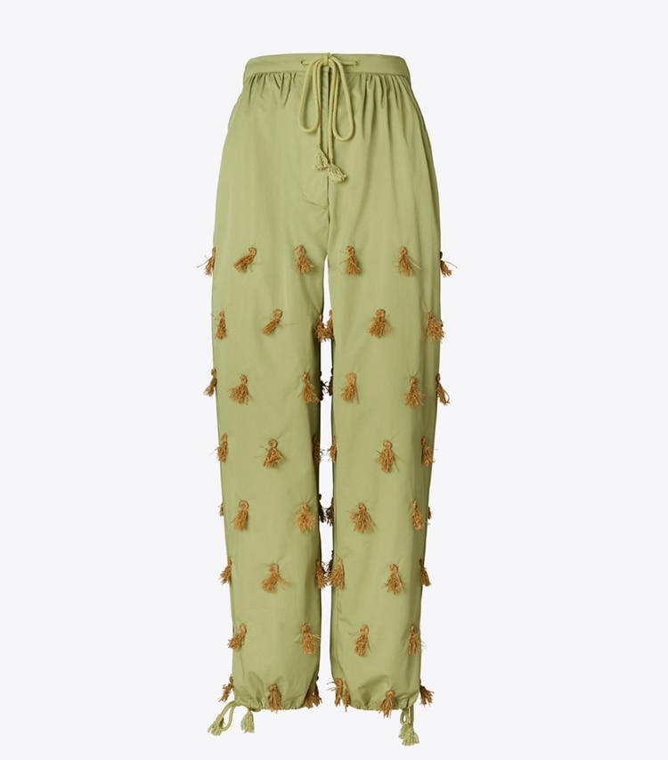 Tory Burch designer bottoms Poplin Drawstring Pant in Light Green Olive front