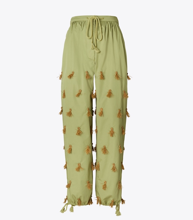 Tory Burch designer bottoms Poplin Drawstring Pant in Light Green Olive front