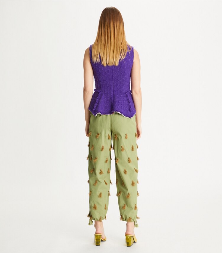 Tory Burch designer bottoms Poplin Drawstring Pant in Light Green Olive on model back