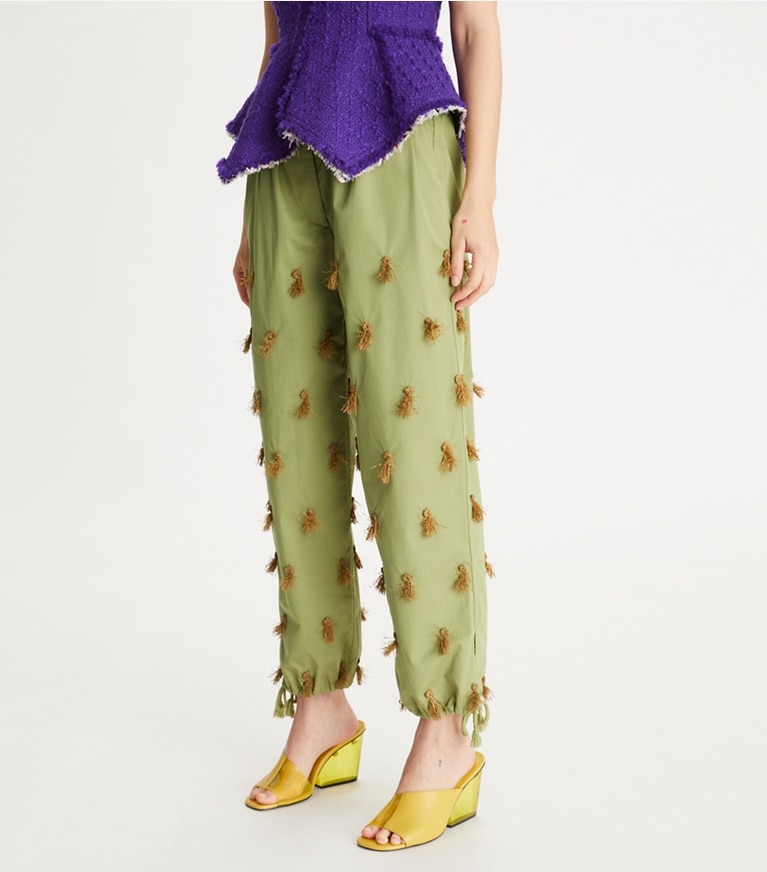 Tory Burch designer bottoms Poplin Drawstring Pant in Light Green Olive front