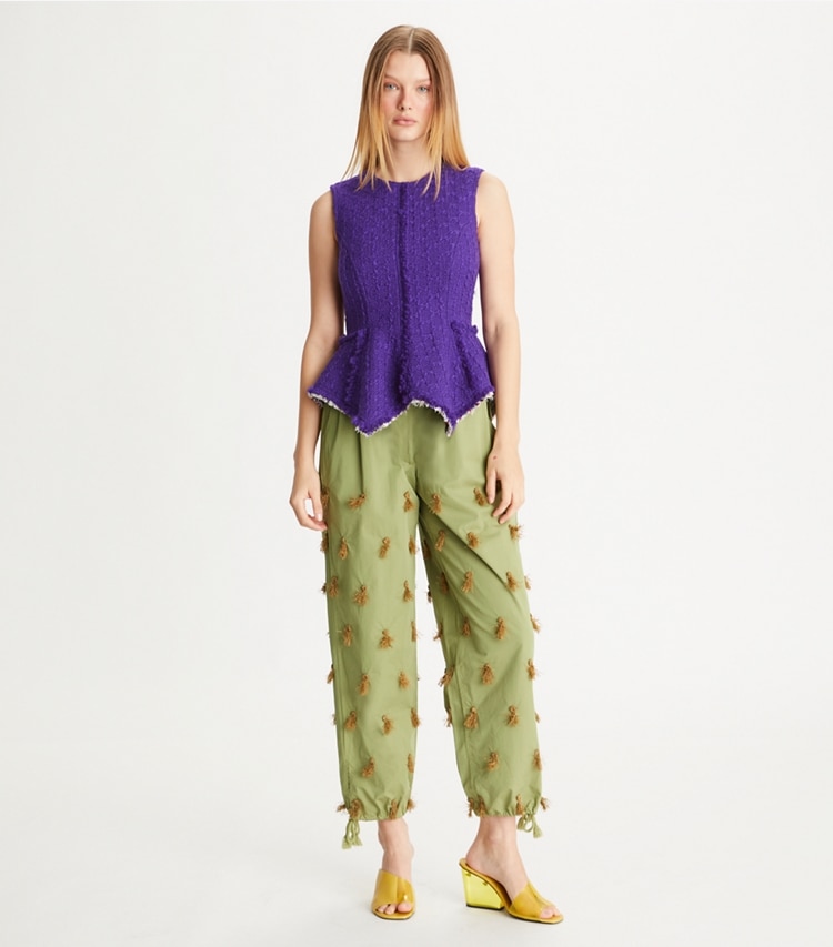 Tory Burch designer bottoms Poplin Drawstring Pant in Light Green Olive on model front