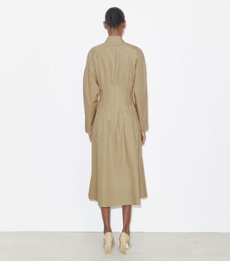 Tory Burch designer dresses Poplin Dress in Taupe Gray on model back
