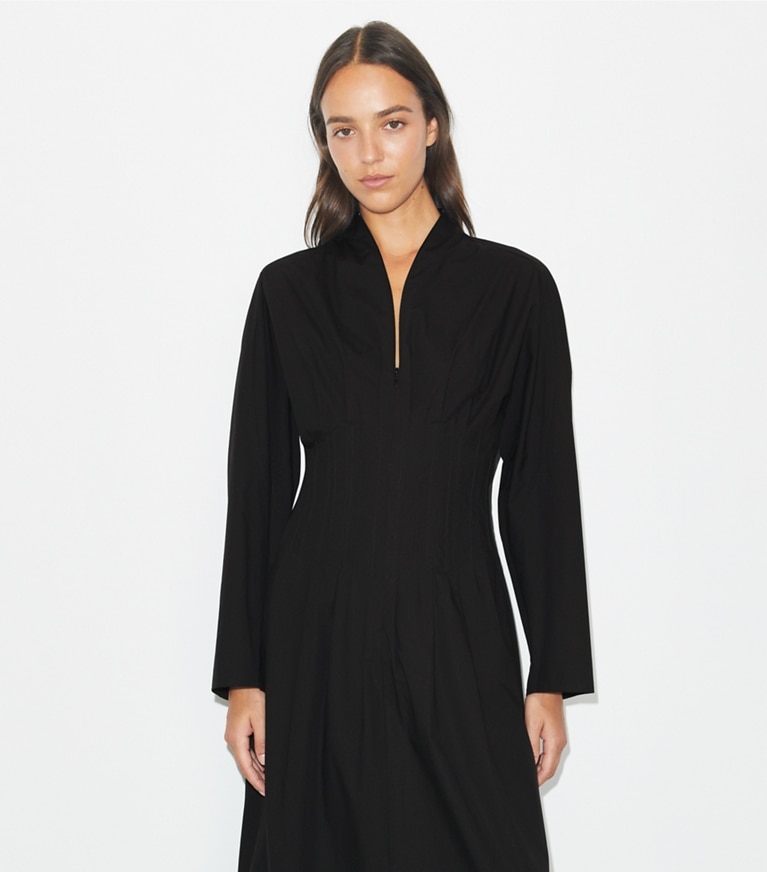 Tory Burch designer dresses Poplin Dress in Black on model detail