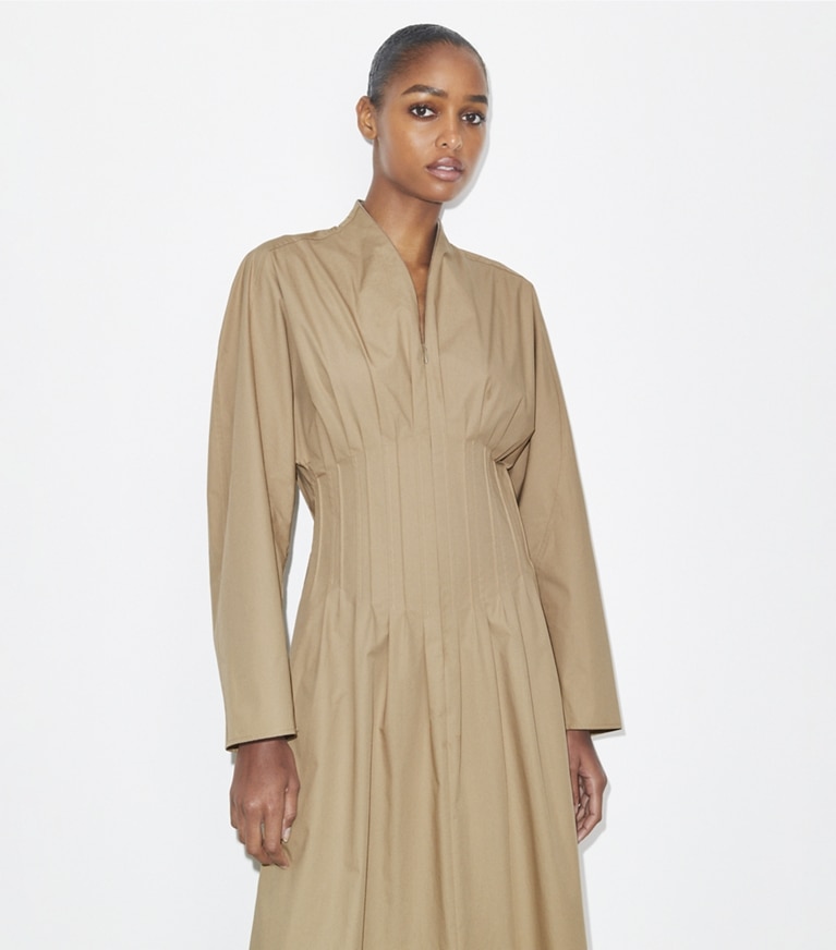 Tory Burch designer dresses Poplin Dress in Taupe Gray front