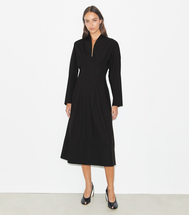 Tory Burch designer dresses Poplin Dress in Black on model front