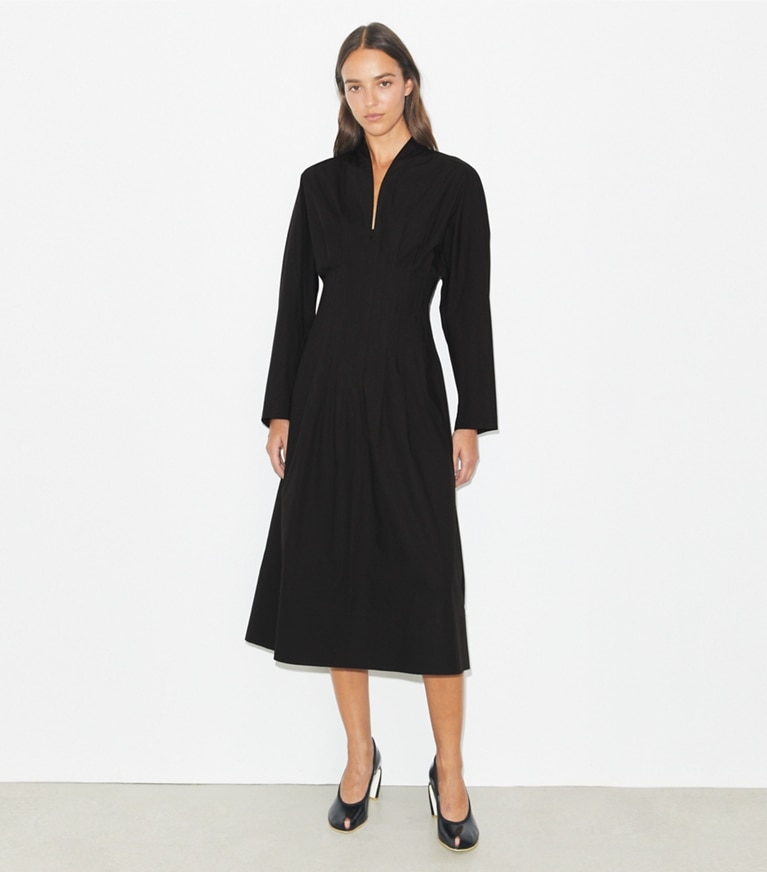 Tory Burch designer dresses Poplin Dress in Black on model front