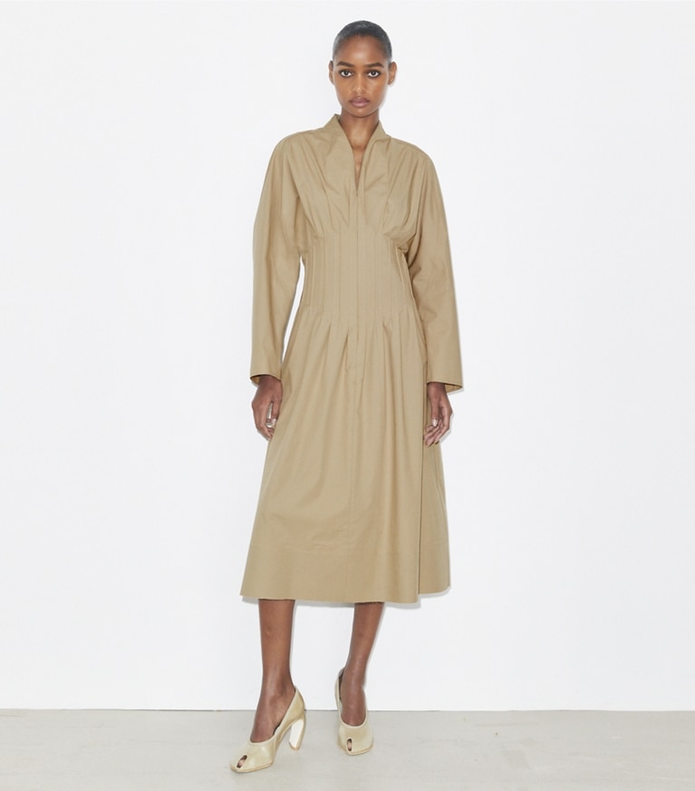 Tory Burch designer dresses Poplin Dress in Taupe Gray front