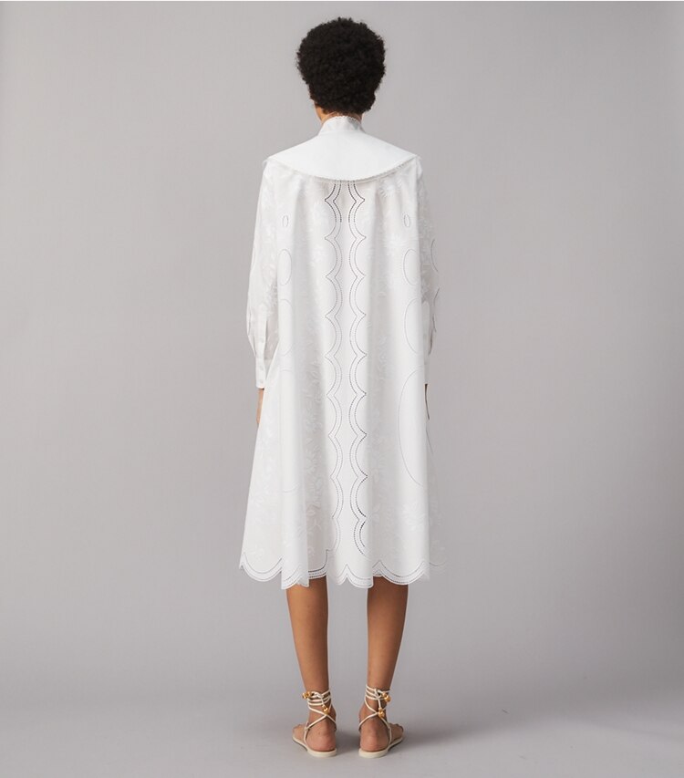 Tory Burch designer dresses Poplin Embroidered Dress in White on model back