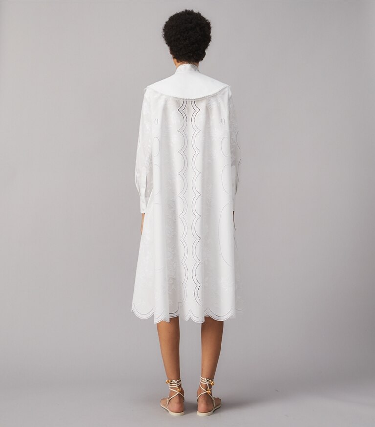 Tory Burch designer dresses Poplin Embroidered Dress in White front