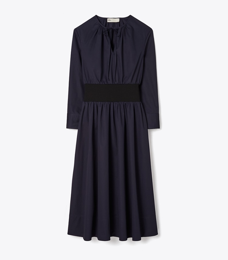 Tory Burch designer dresses Poplin Knit-Waist Dress in Medium Navy front