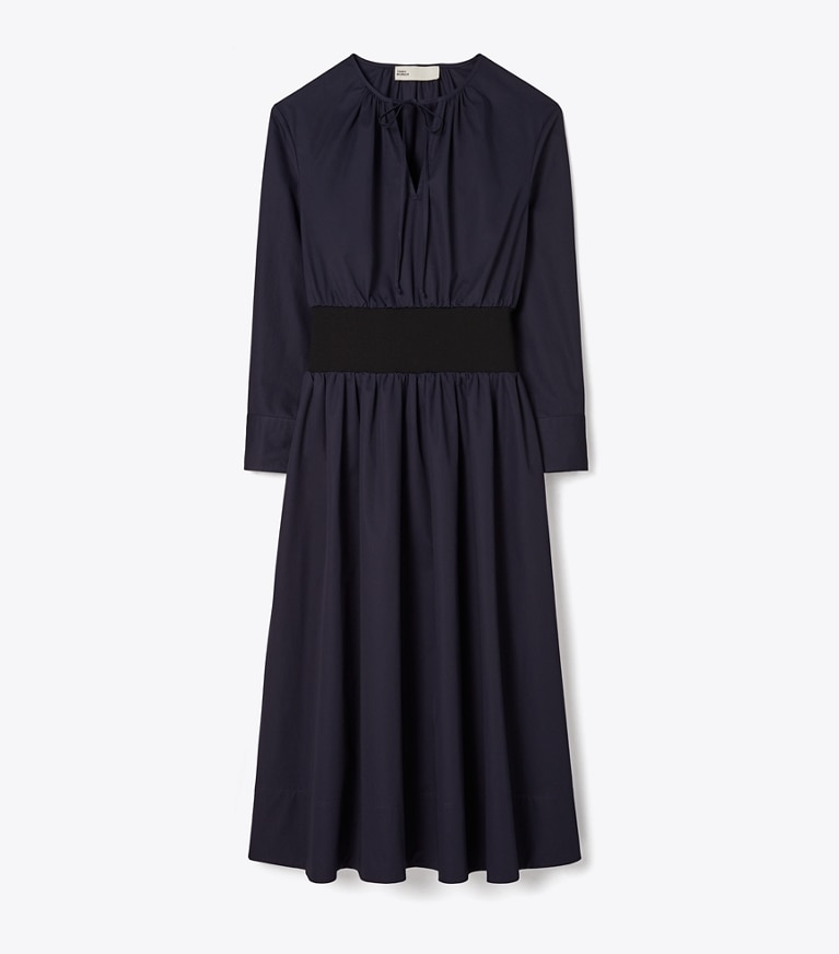 Tory Burch designer dresses Poplin Knit-Waist Dress in Medium Navy front