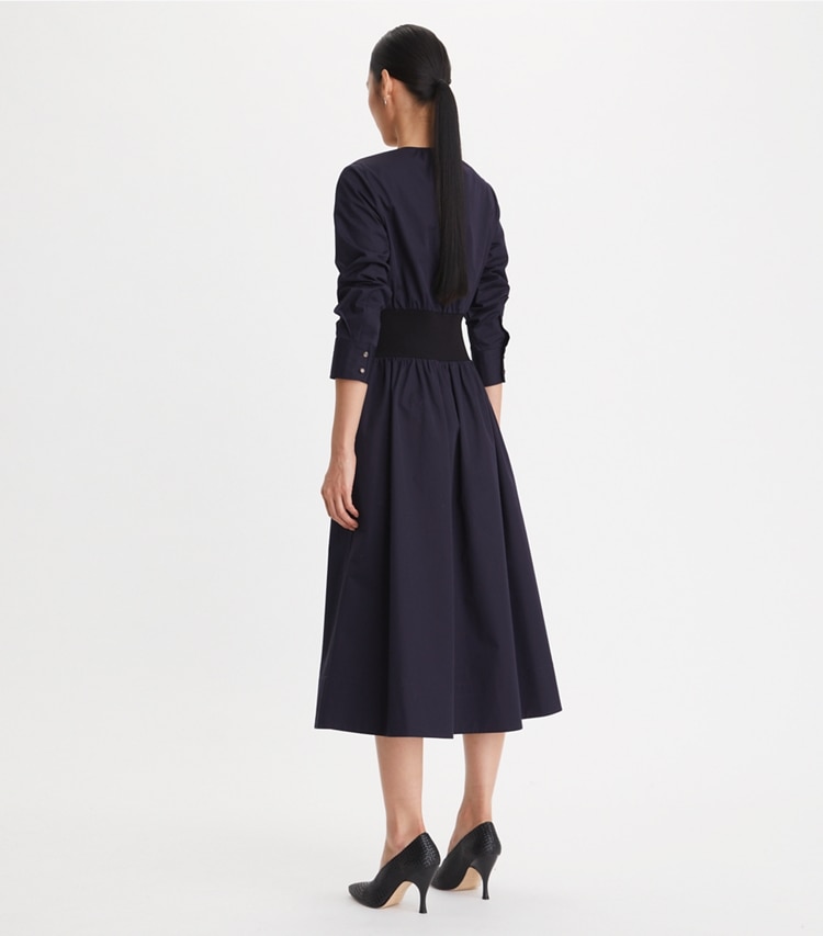 Tory Burch designer dresses Poplin Knit-Waist Dress in Medium Navy on model back