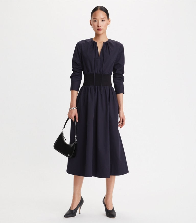 Tory Burch designer dresses Poplin Knit-Waist Dress in Medium Navy front