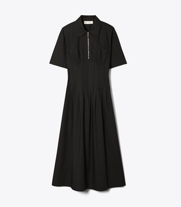 Tory Burch designer dresses Poplin Pleat-Waist Dress in Black front
