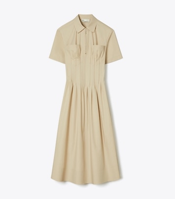 Tory Burch designer dresses Poplin Pleat-Waist Dress in TORTORA front