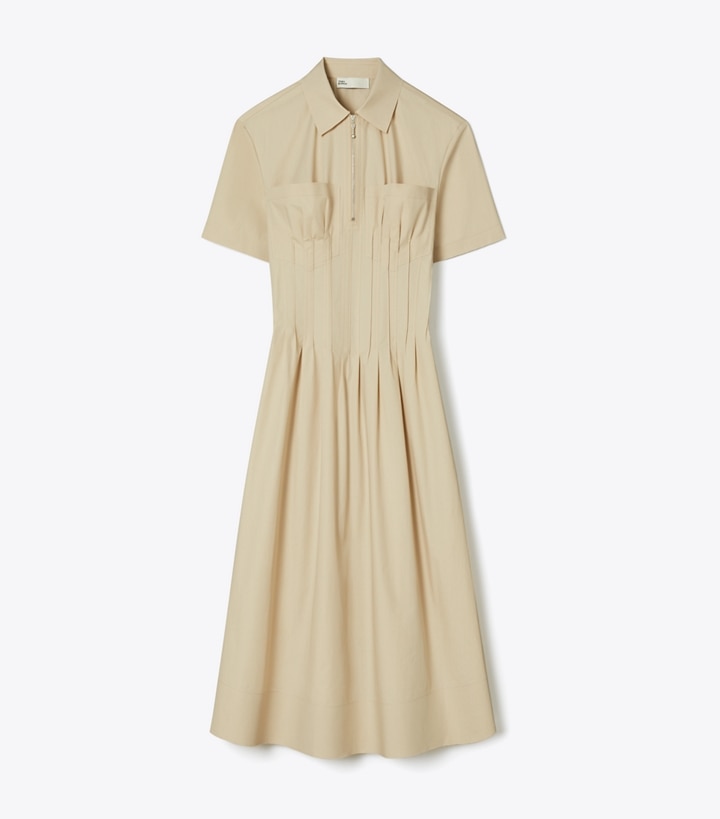 Tory Burch designer dresses Poplin Pleat-Waist Dress in TORTORA front