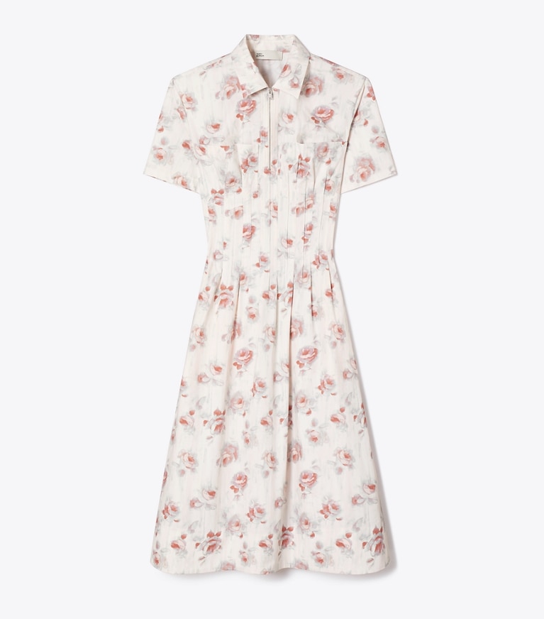 Tory Burch designer dresses Poplin Pleat-Waist Dress in Pink Roses front