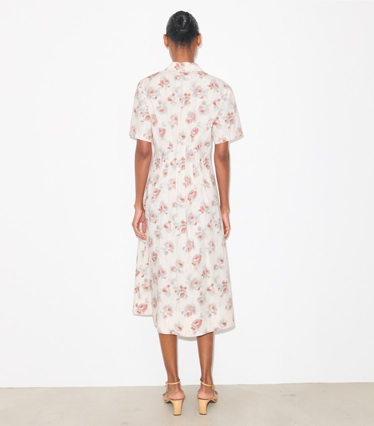 Tory Burch designer dresses Poplin Pleat-Waist Dress in Pink Roses on model back