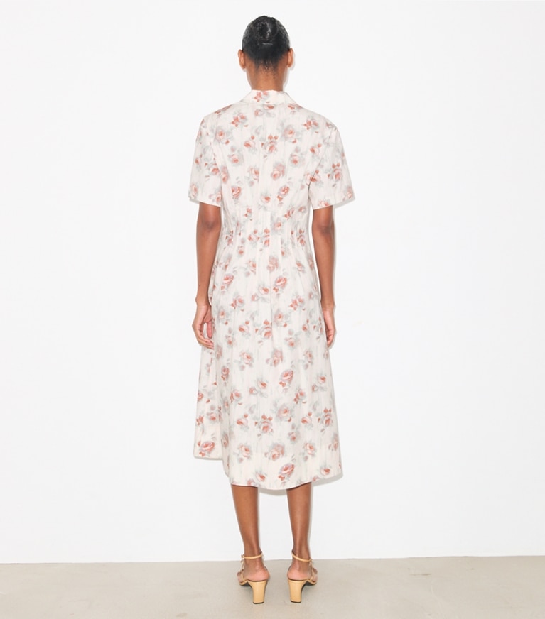 Tory Burch designer dresses Poplin Pleat-Waist Dress in Pink Roses on model back