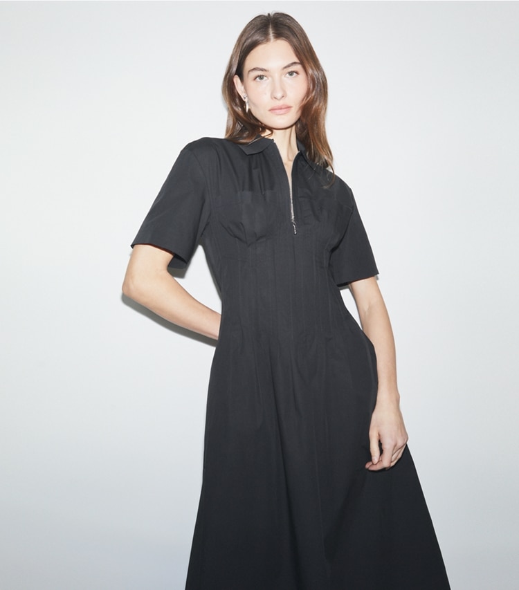 Tory Burch designer dresses Poplin Pleat-Waist Dress in Black on model detail