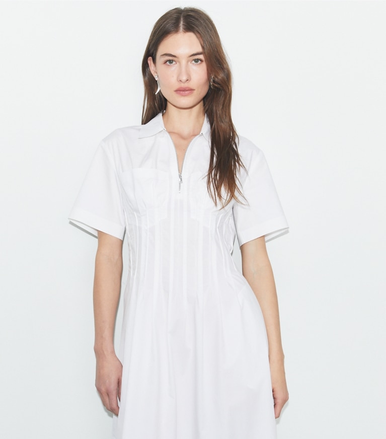 Tory Burch designer ドレス ポプリン プリーツウエスト ドレス in White front