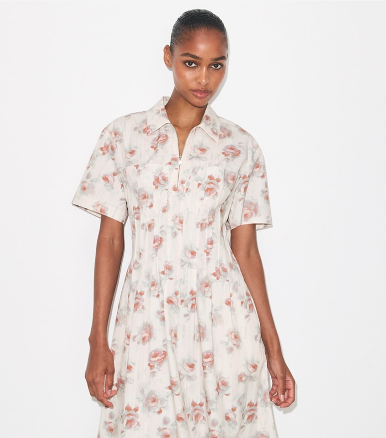 Tory Burch designer dresses Poplin Pleat-Waist Dress in Pink Roses on model detail