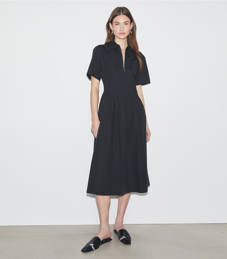 Tory Burch designer dresses Poplin Pleat-Waist Dress in Black on model front
