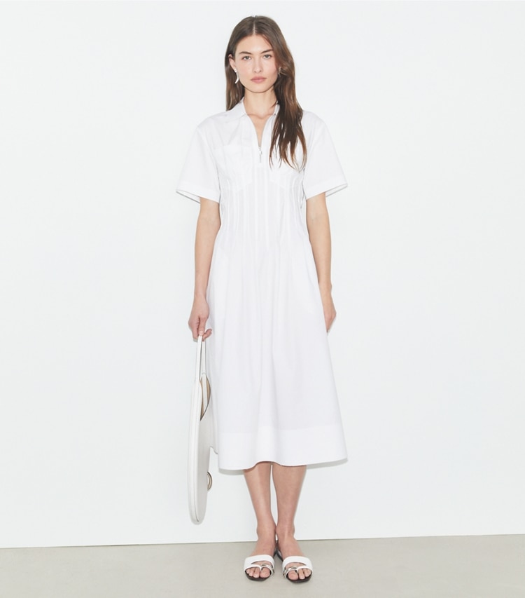 Tory Burch designer ドレス ポプリン プリーツウエスト ドレス in White モデル前面