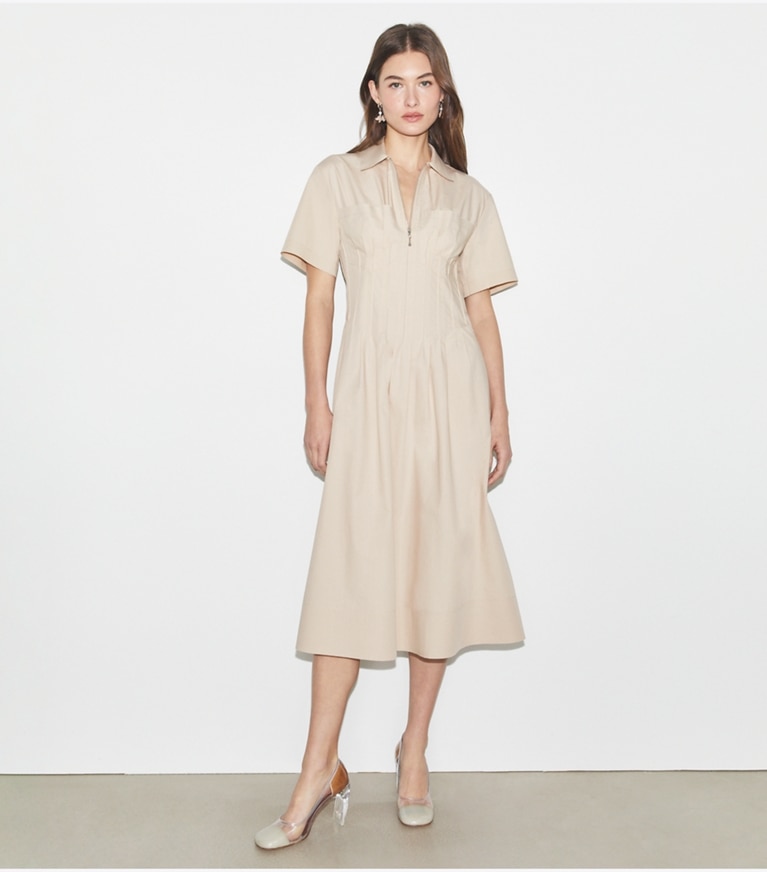 Tory Burch designer dresses Poplin Pleat-Waist Dress in TORTORA front
