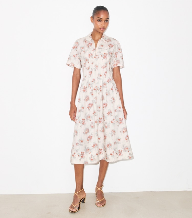 Tory Burch designer dresses Poplin Pleat-Waist Dress in Pink Roses on model front