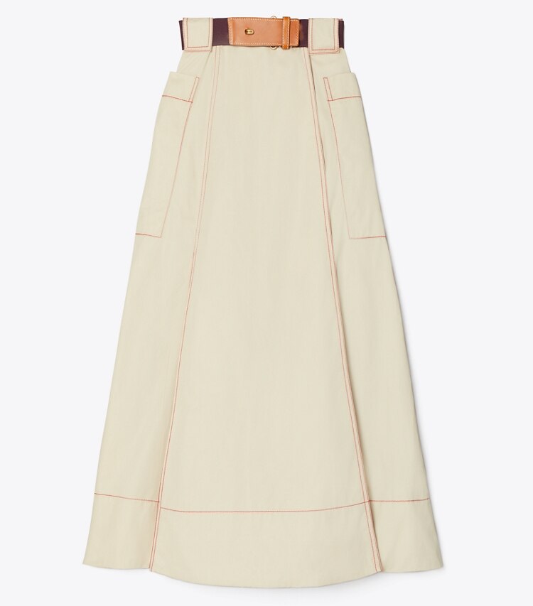 Tory Burch designer bottoms Poplin Pleated Skirt in Clean Khaki front