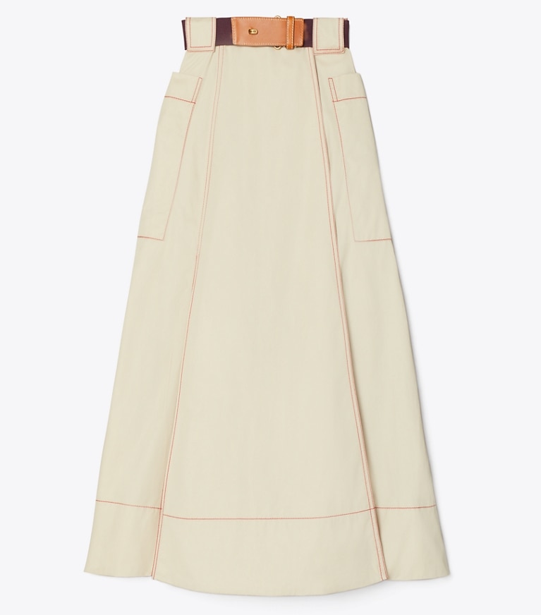 Tory Burch designer bottoms Poplin Pleated Skirt in Clean Khaki front