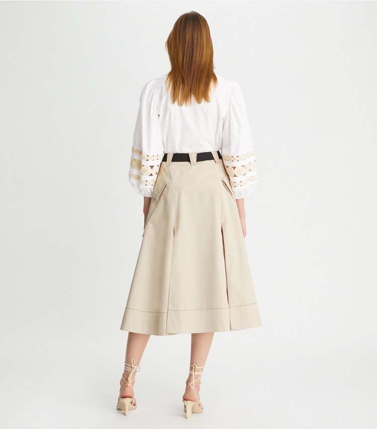 Tory Burch designer bottoms Poplin Pleated Skirt in Clean Khaki on model back