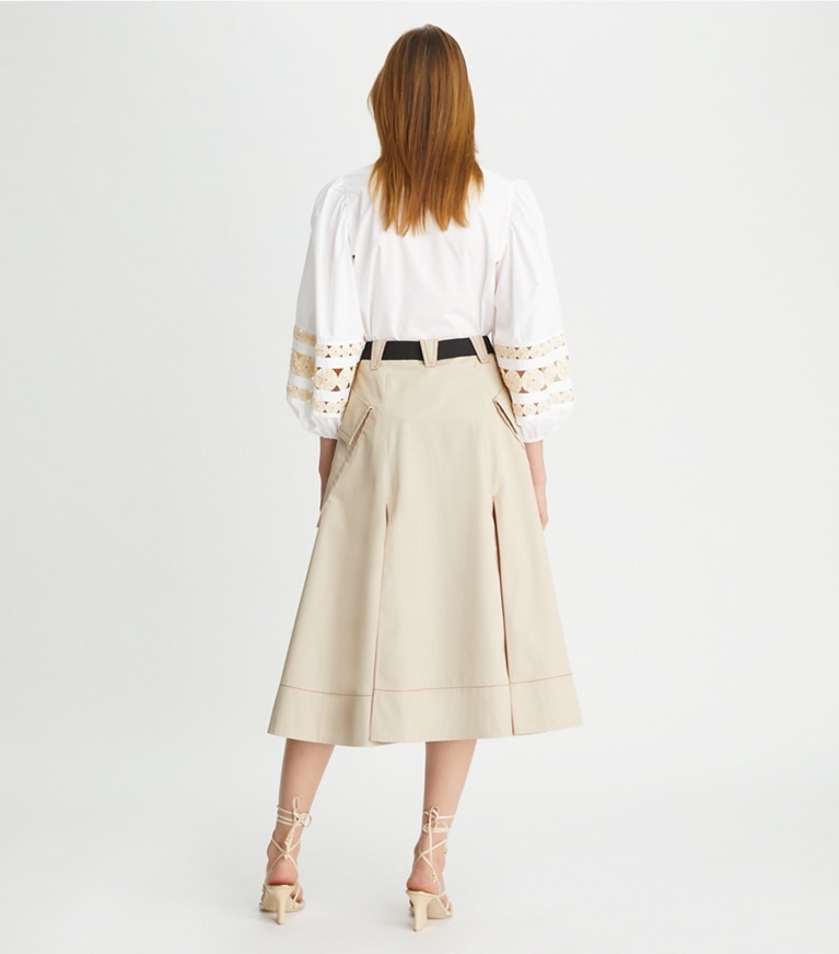 Tory Burch designer bottoms Poplin Pleated Skirt in Clean Khaki front